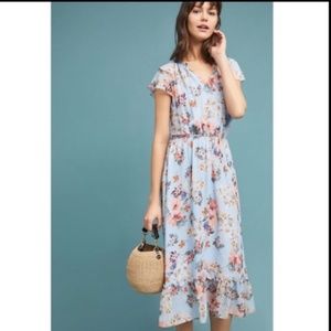 Shoshanna Analise Blue Floral Flutter Sleeve Midi Dress Size 8